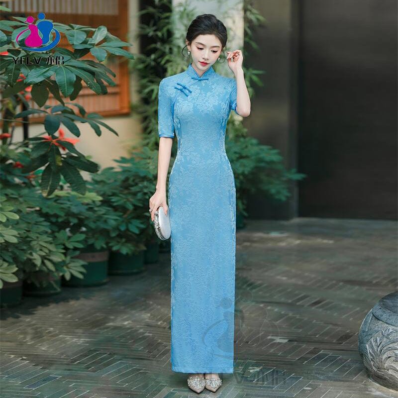 Beth and Brian Qipao-YS Floral pattern, jacquard and knitting fabric, prom long Cheongsam