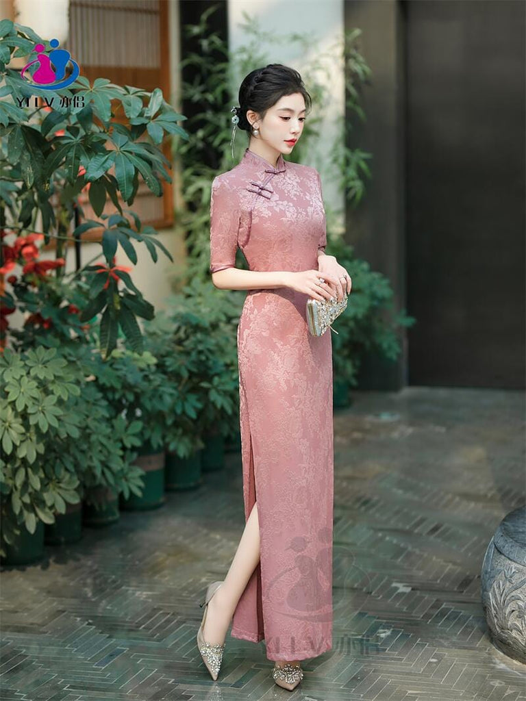 Beth and Brian Qipao-YS Floral pattern, jacquard and knitting fabric, prom long Cheongsam