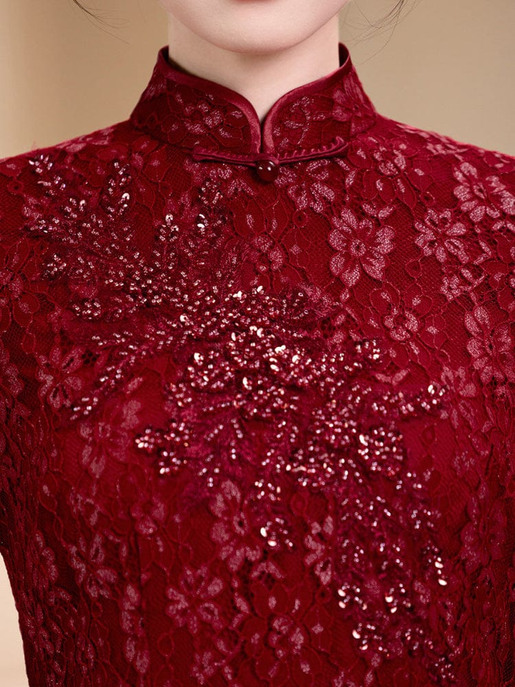 Beth and Brian Qipao-LHS Lace fabric, floral pattern, wine red long Cheongsam