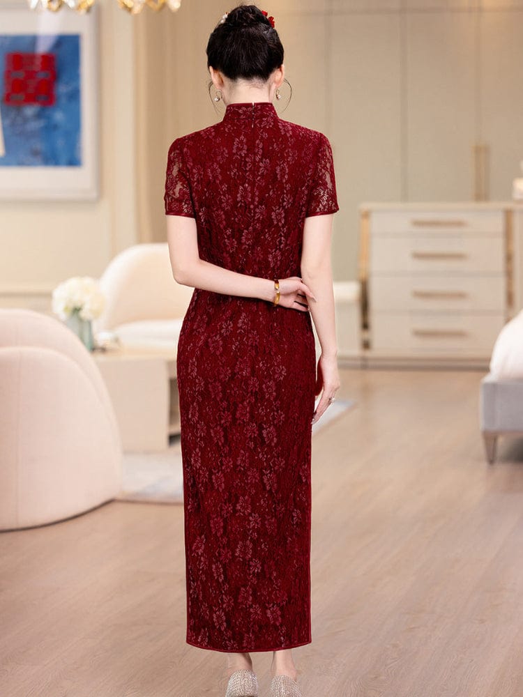 Beth and Brian Qipao-LHS Lace fabric, floral pattern, wine red long Cheongsam