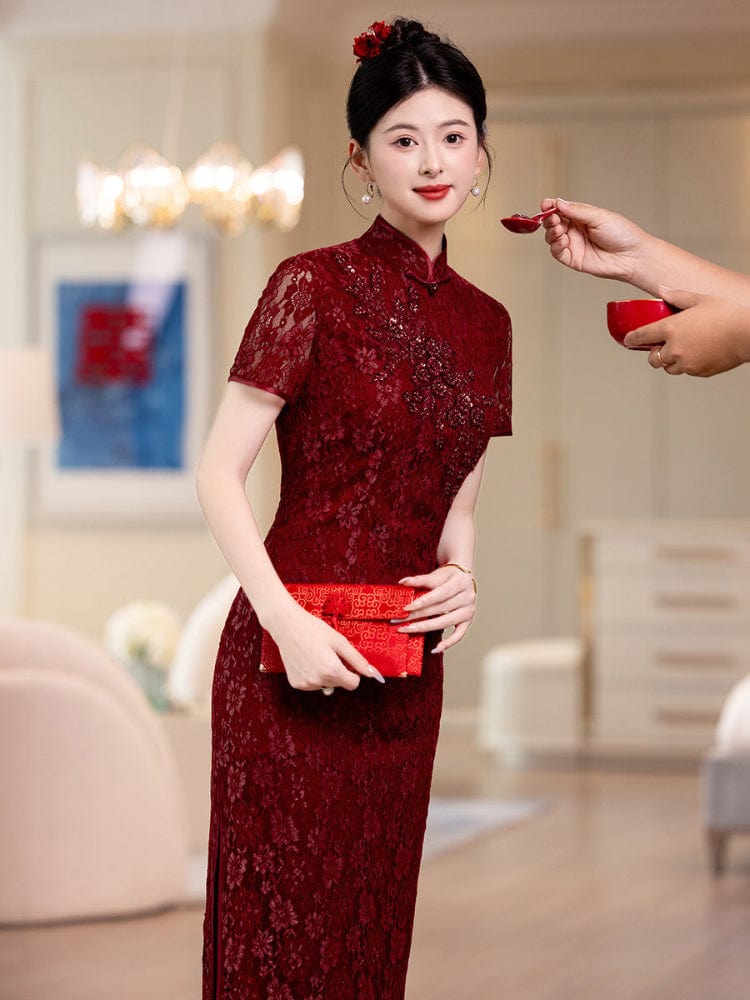 Beth and Brian Qipao-LHS Lace fabric, floral pattern, wine red long Cheongsam