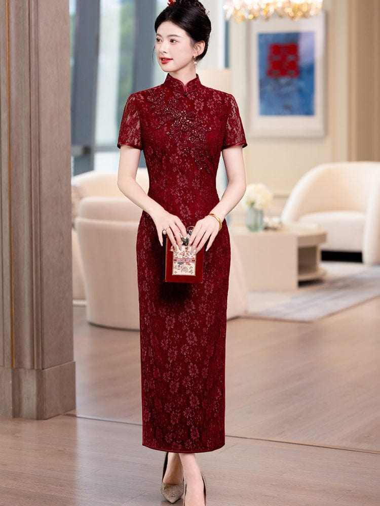 Beth and Brian Qipao-LHS Lace fabric, floral pattern, wine red long Cheongsam