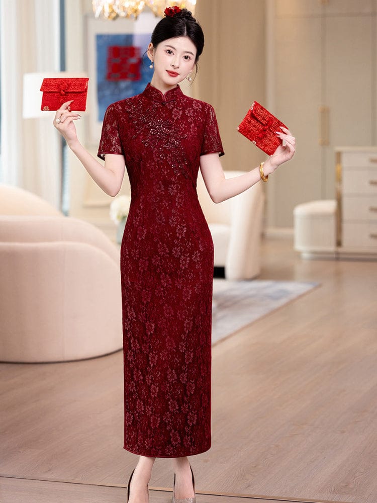Beth and Brian Qipao-LHS Lace fabric, floral pattern, wine red long Cheongsam