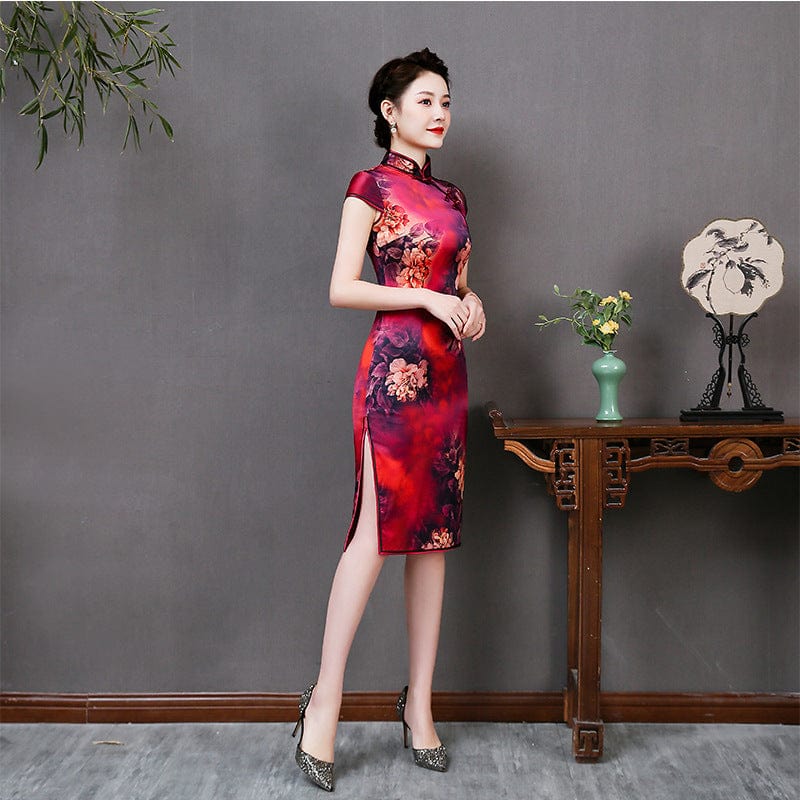 Beth and Brian Qipao-QHJS High-end, 19 mome mulberry silk, wine red midi Cheongsam
