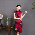 Beth and Brian Qipao-QHJS High-end, 19 mome mulberry silk, wine red midi Cheongsam