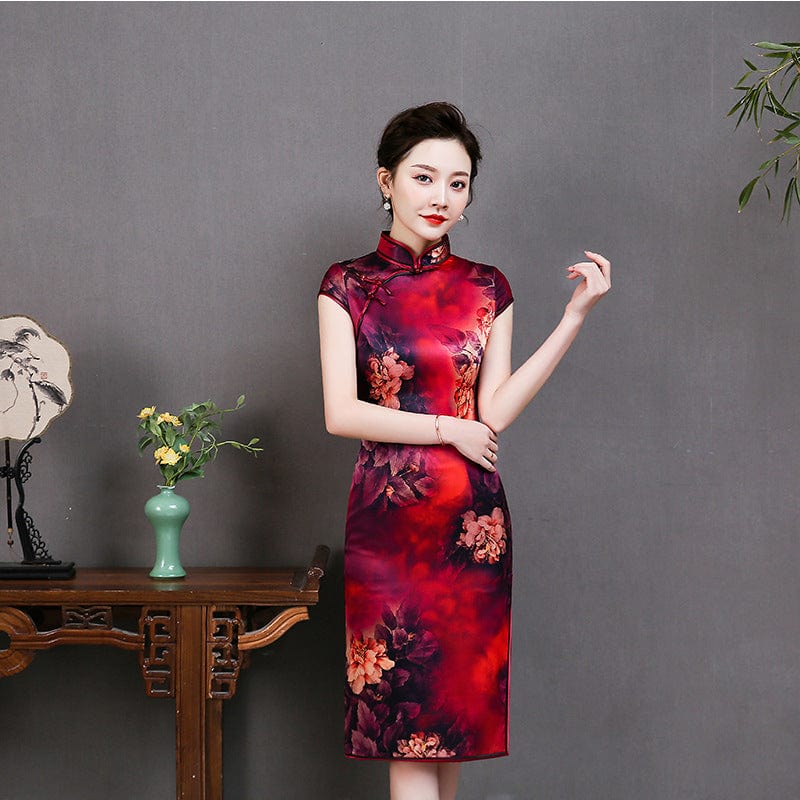 Beth and Brian Qipao-QHJS High-end, 19 mome mulberry silk, wine red midi Cheongsam