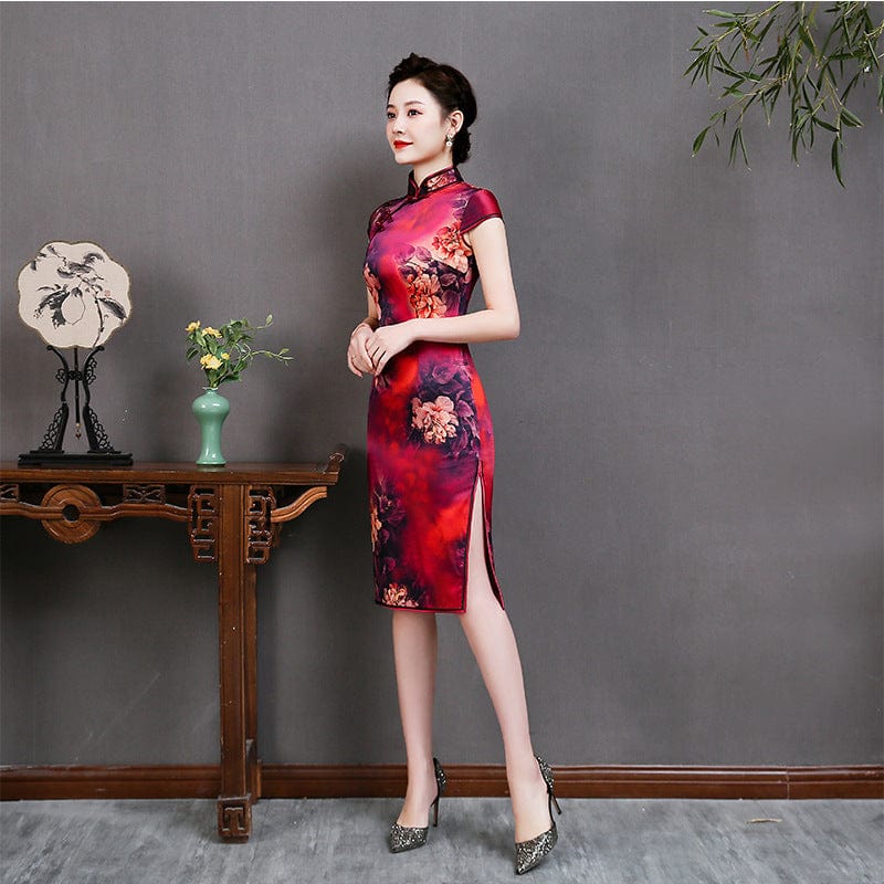 Beth and Brian Qipao-QHJS High-end, 19 mome mulberry silk, wine red midi Cheongsam