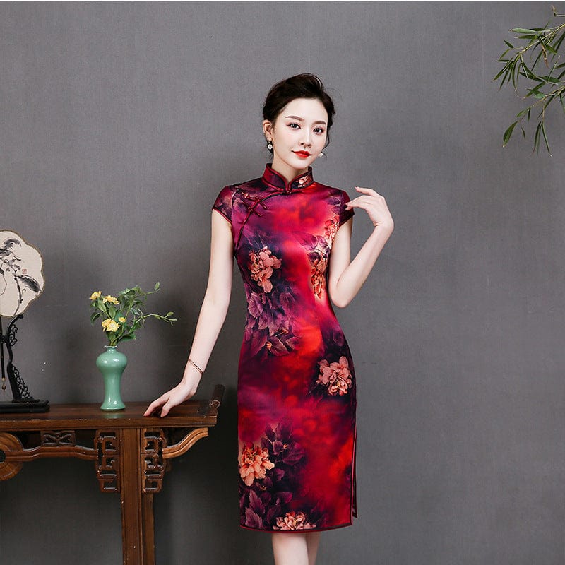 Beth and Brian Qipao-QHJS High-end, 19 mome mulberry silk, wine red midi Cheongsam