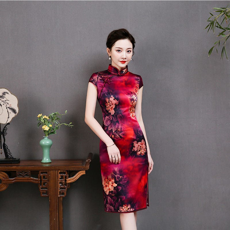 Beth and Brian Qipao-QHJS High-end, 19 mome mulberry silk, wine red midi Cheongsam