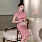 Beth and Brian Qipao-QHJS Floral print, pink midi Cheongsam with raglan sleeves