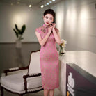 Beth and Brian Qipao-QHJS Floral print, pink midi Cheongsam with raglan sleeves