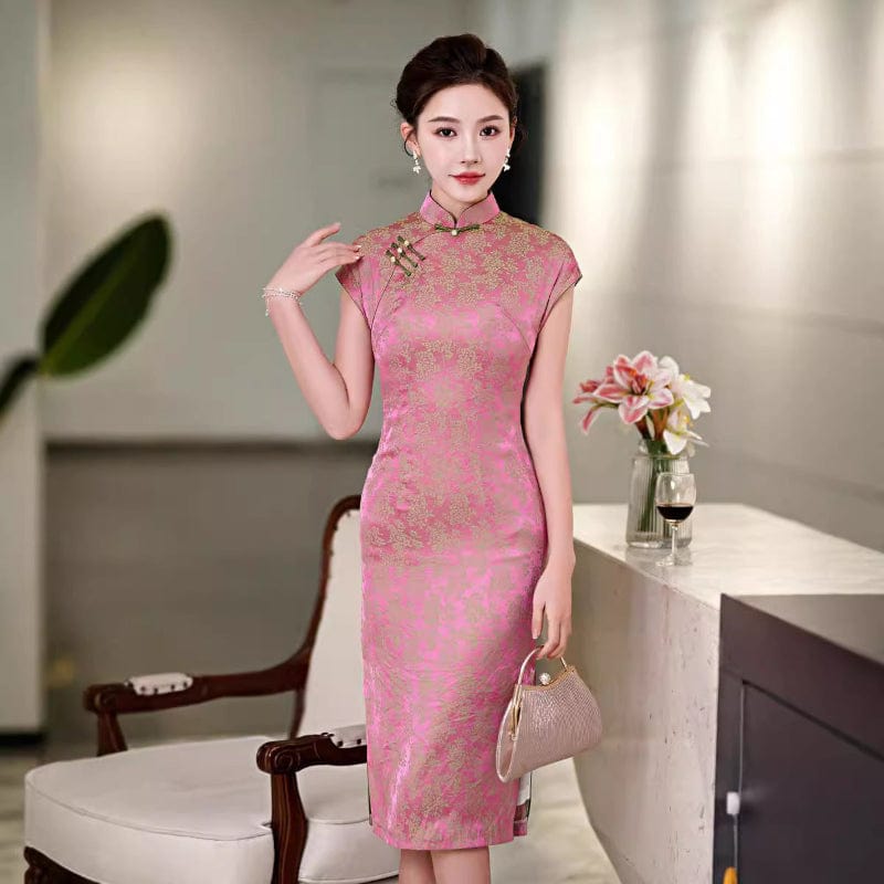 Beth and Brian Qipao-QHJS Floral print, pink midi Cheongsam with raglan sleeves