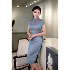Beth and Brian Qipao-QHJS Floral print, blue midi Cheongsam with raglan sleeves