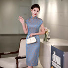 Beth and Brian Qipao-QHJS Floral print, blue midi Cheongsam with raglan sleeves