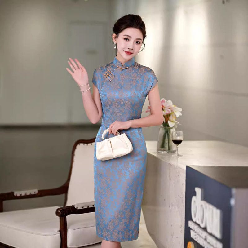 Beth and Brian Qipao-QHJS Floral print, blue midi Cheongsam with raglan sleeves