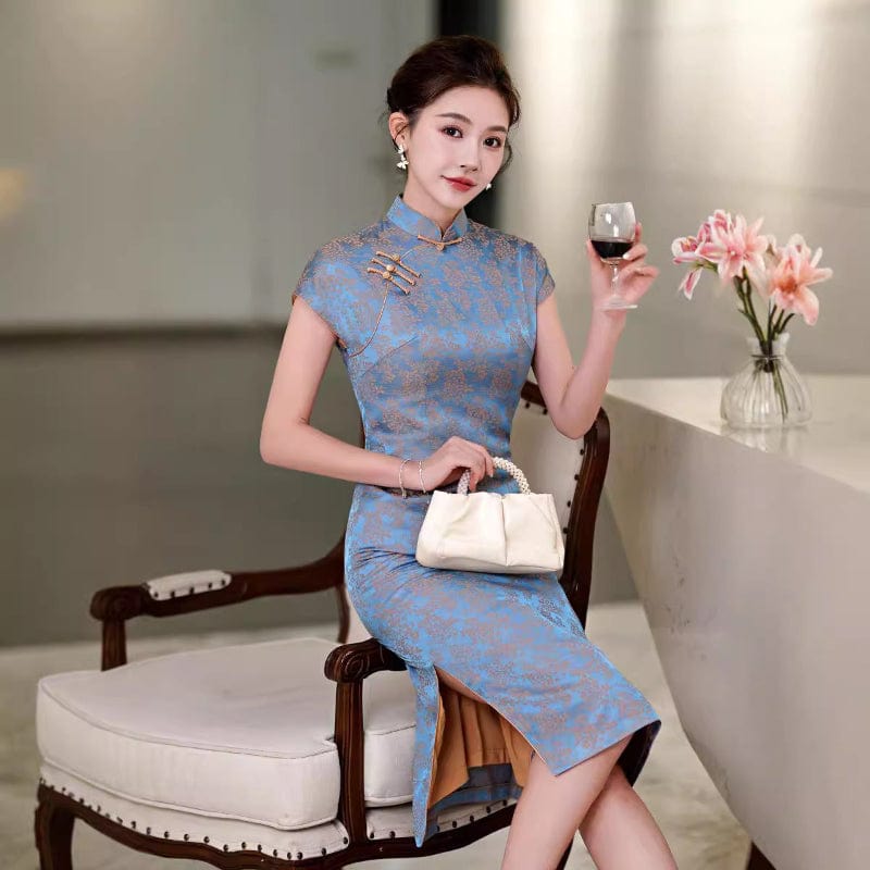 Beth and Brian Qipao-QHJS Floral print, blue midi Cheongsam with raglan sleeves