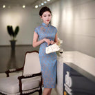 Beth and Brian Qipao-QHJS Floral print, blue midi Cheongsam with raglan sleeves