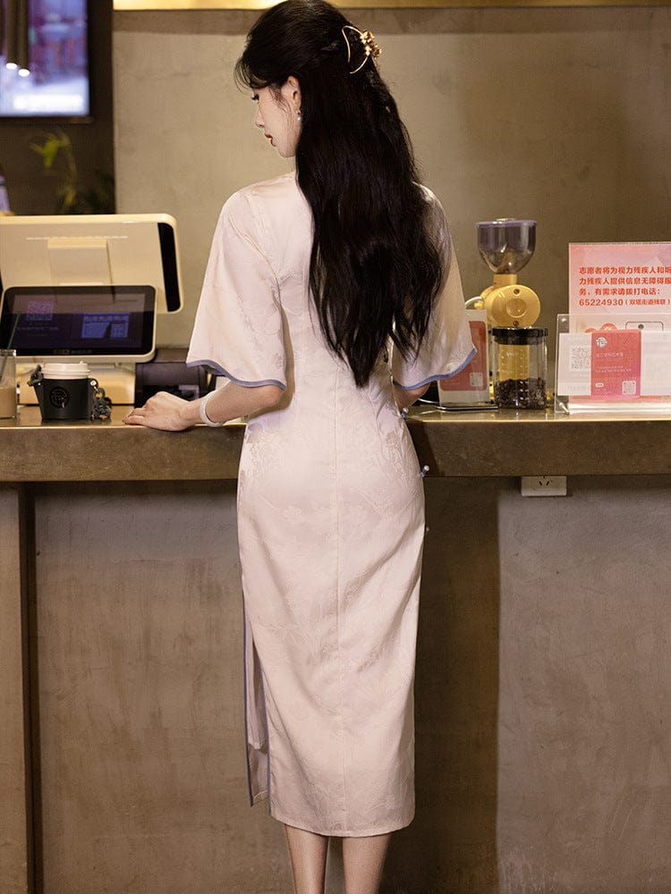 Beth and Brian Qipao-LSB Floral pattern, beige jacquard midi Cheongsam