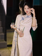 Beth and Brian Qipao-LSB Floral pattern, beige jacquard midi Cheongsam