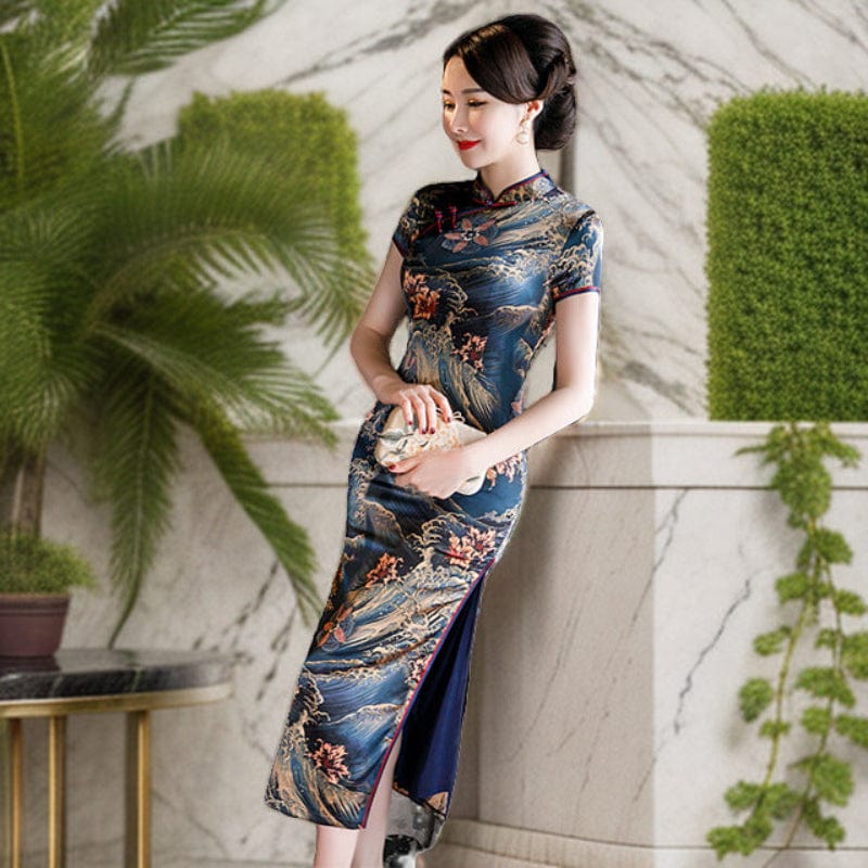 Beth and Brian Qipao-HSY Ocean Wave Pattern, 19 mome mulberry silk, high-end long Cheongsam