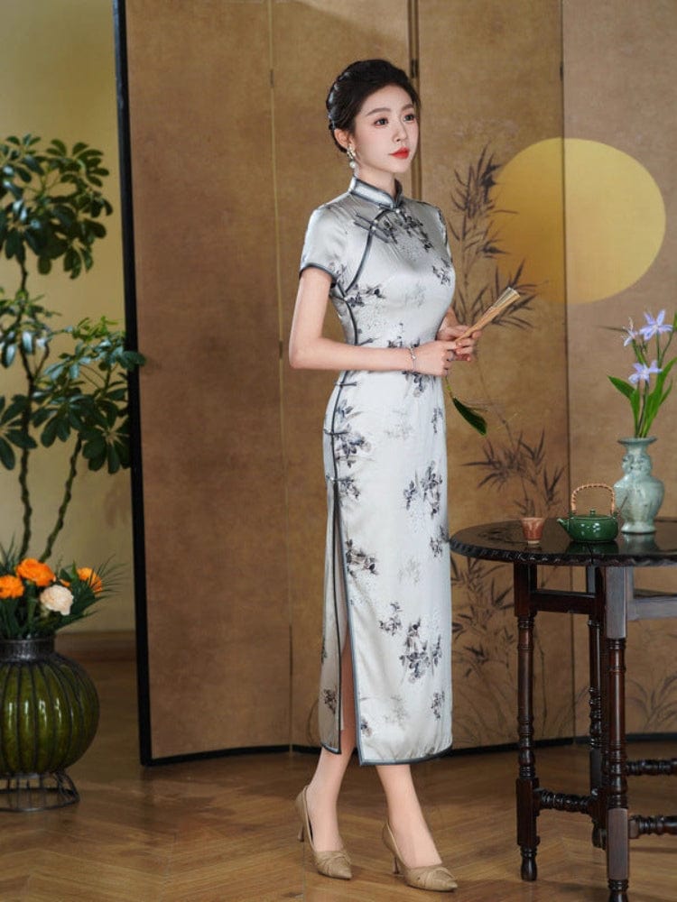 Beth and Brian Qipao-QHJS 19 mome mulberry silk, high-end, grey long Cheongsam