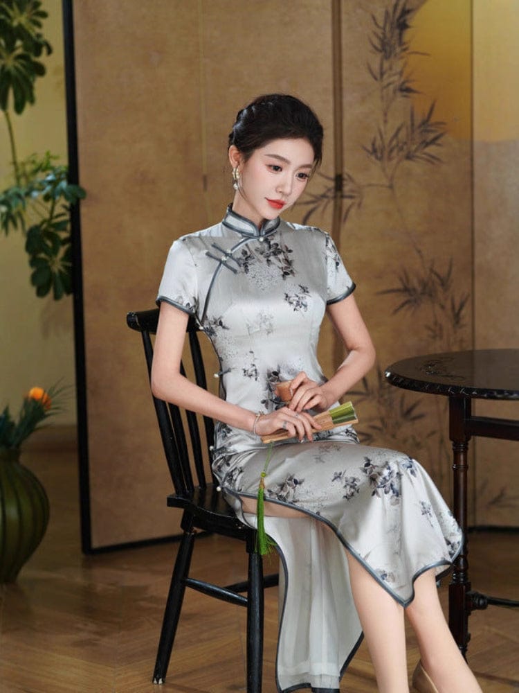 Beth and Brian Qipao-QHJS 19 mome mulberry silk, high-end, grey long Cheongsam