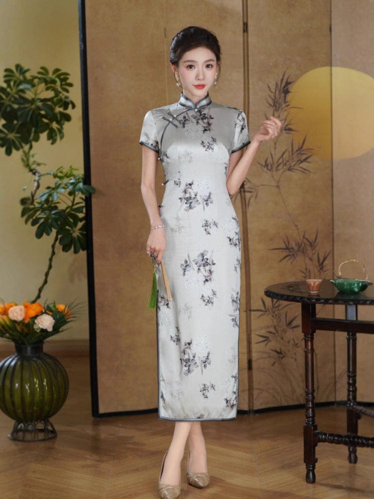 Beth and Brian Qipao-QHJS 19 mome mulberry silk, high-end, grey long Cheongsam
