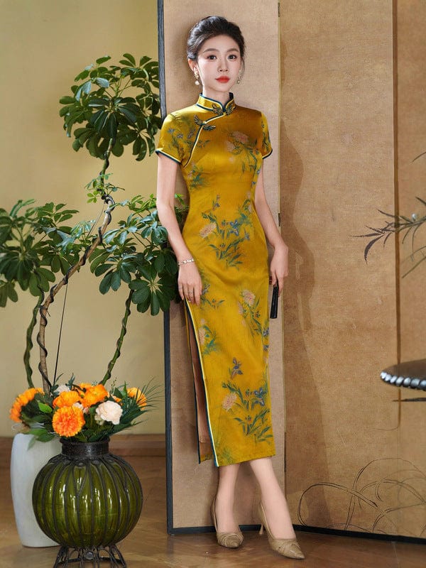Beth and Brian Qipao-QHJS 19 mome mulberry silk, high-end, yellow long Cheongsam