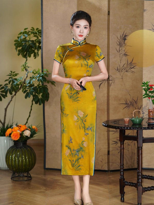 Beth and Brian Qipao-QHJS 19 mome mulberry silk, high-end, yellow long Cheongsam
