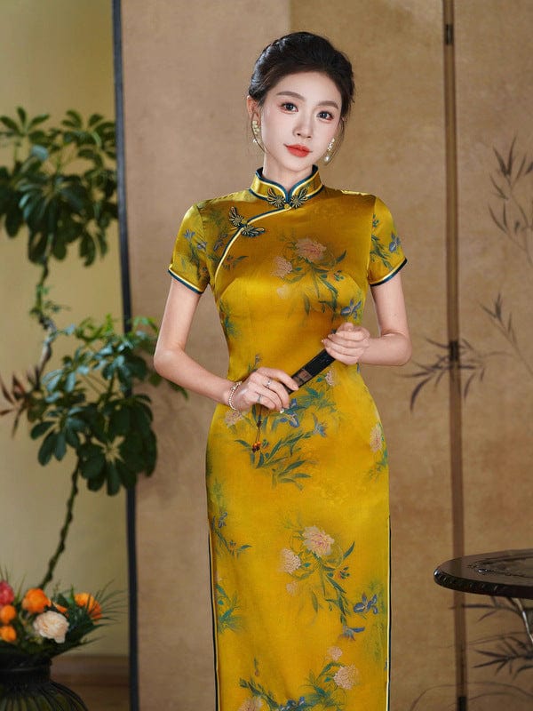 Beth and Brian Qipao-QHJS 19 mome mulberry silk, high-end, yellow long Cheongsam