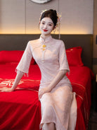 Beth and Brian Qipao-LSB Floral pattern, jacquard fabric, wedding midi Cheongsam