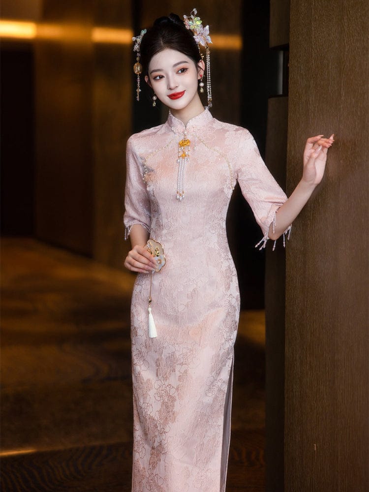 Beth and Brian Qipao-LSB Floral pattern, jacquard fabric, wedding midi Cheongsam