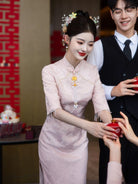 Beth and Brian Qipao-LSB Floral pattern, jacquard fabric, wedding midi Cheongsam