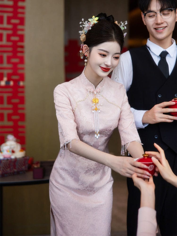 Beth and Brian Qipao-LSB Floral pattern, jacquard fabric, wedding midi Cheongsam