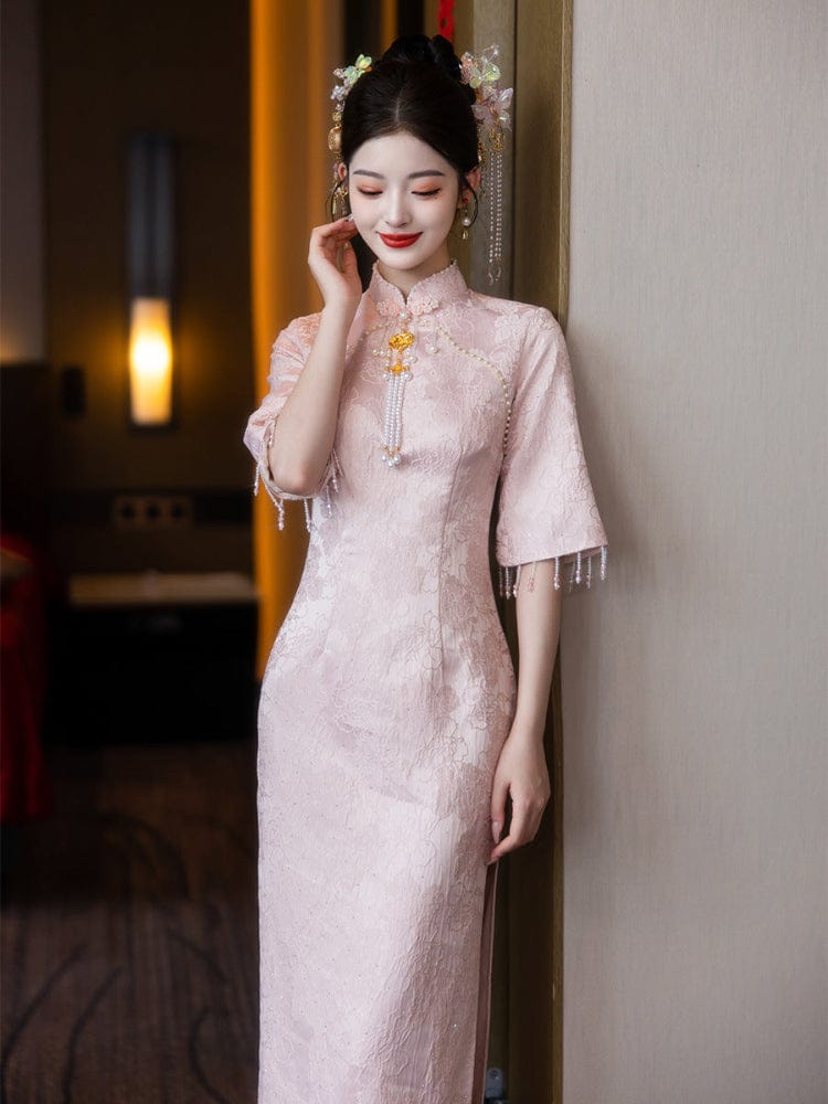 Beth and Brian Qipao-LSB Floral pattern, jacquard fabric, wedding midi Cheongsam