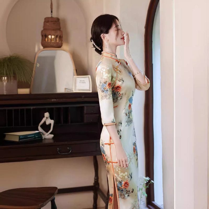 Beth and Brian Qipao-WQ Floral pattern, light yellow long Cheongsam