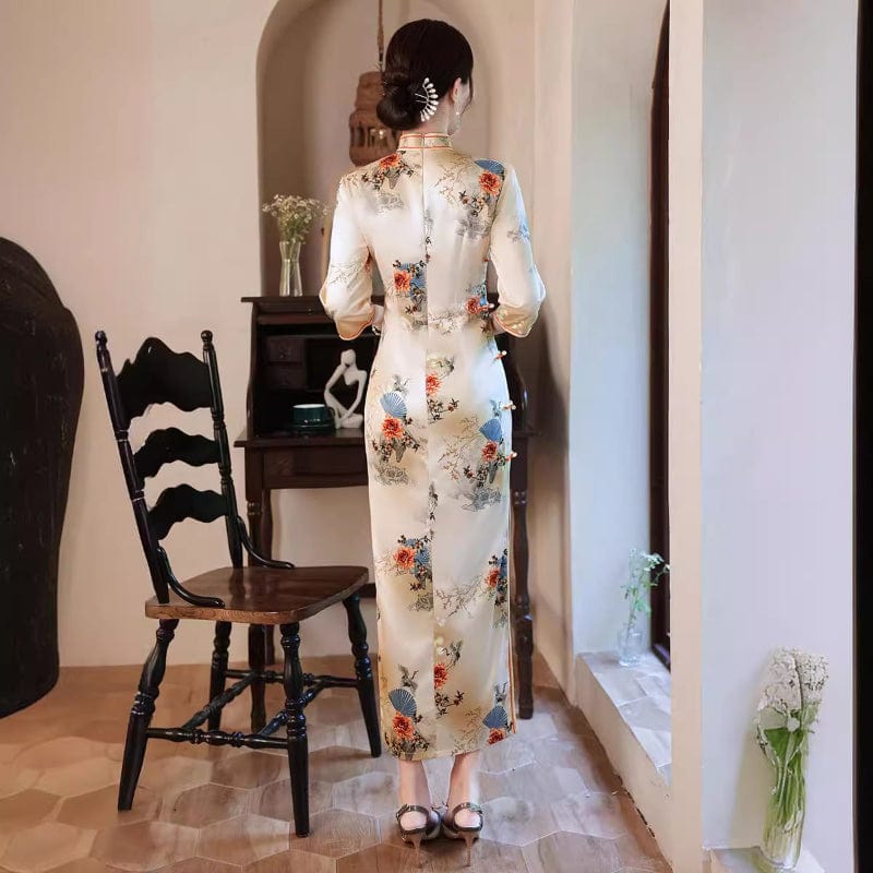 Beth and Brian Qipao-WQ Floral pattern, light yellow long Cheongsam