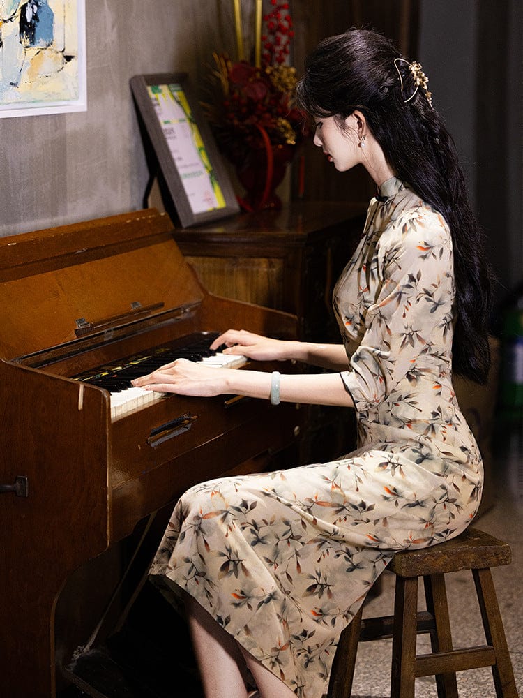 Beth and Brian Qipao-LSB Withered Leaf Pattern, tencel fabric, light brown midi Qipao