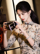 Beth and Brian Qipao-LSB Withered Leaf Pattern, tencel fabric, light brown midi Qipao