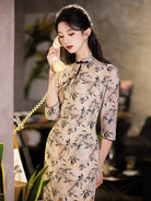 Beth and Brian Qipao-LSB Withered Leaf Pattern, tencel fabric, light brown midi Qipao