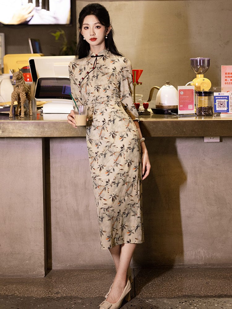 Beth and Brian Qipao-LSB Withered Leaf Pattern, tencel fabric, light brown midi Qipao