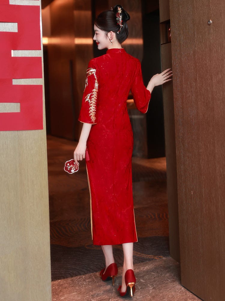 Beth and Brian Qipao-LSB Leaf embroidery, jacquard fabric, wedding midi Cheongsam