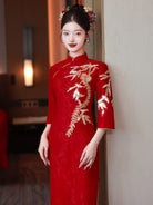 Beth and Brian Qipao-LSB Leaf embroidery, jacquard fabric, wedding midi Cheongsam