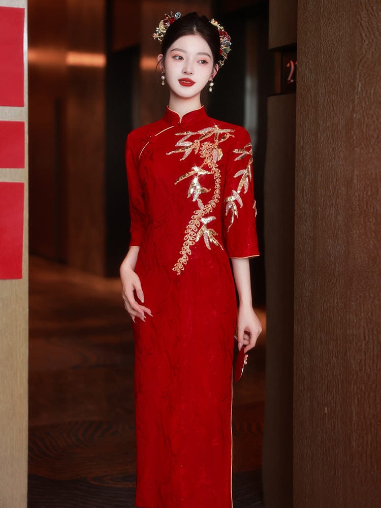 Beth and Brian Qipao-LSB Leaf embroidery, jacquard fabric, wedding midi Cheongsam