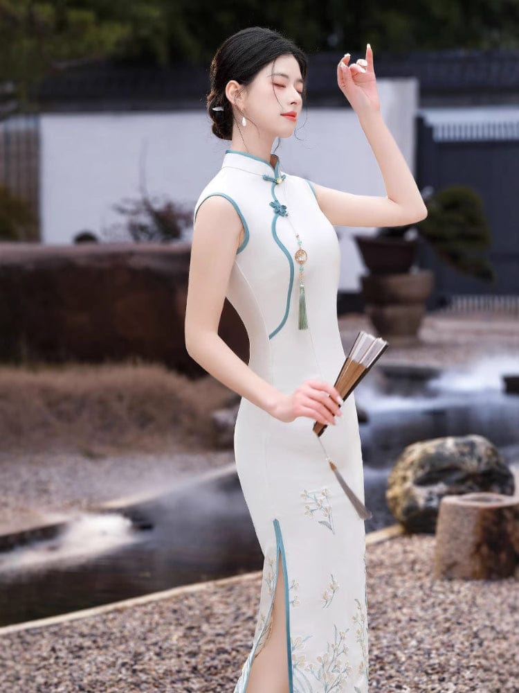 Beth and Brian Qipao-HYY New Chinese style(新中式), sleeveless white long Cheongsam