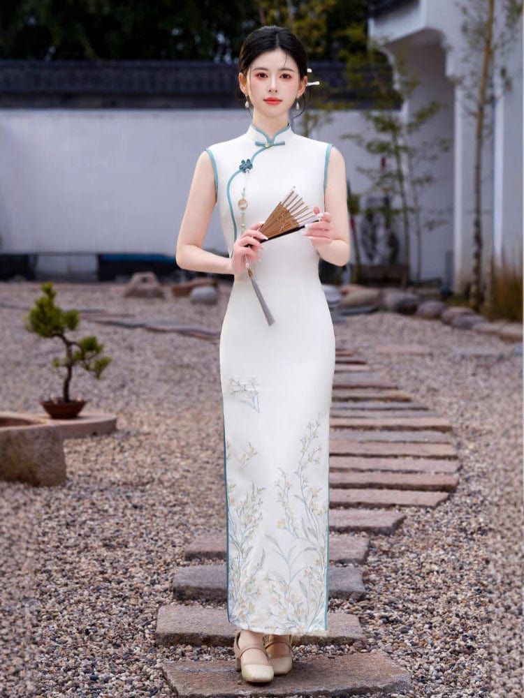 Beth and Brian Qipao-HYY New Chinese style(新中式), sleeveless white long Cheongsam