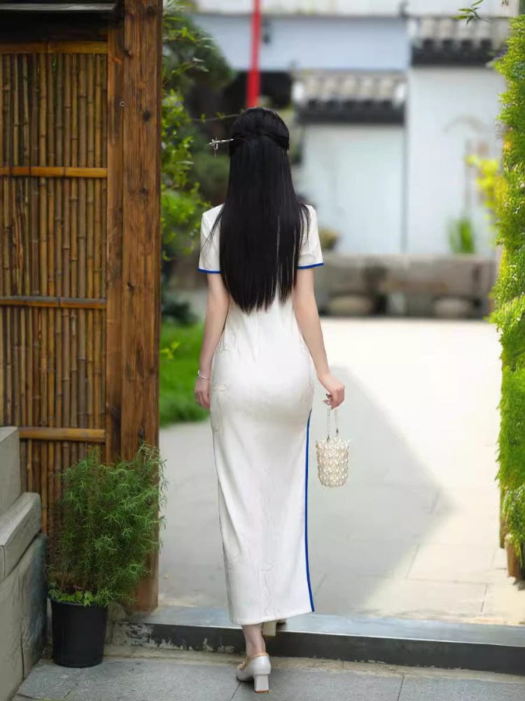 Beth and Brian Qipao-HYY Floral embroidery, white long Cheongsam for mother