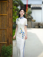 Beth and Brian Qipao-HYY Floral embroidery, white long Cheongsam for mother