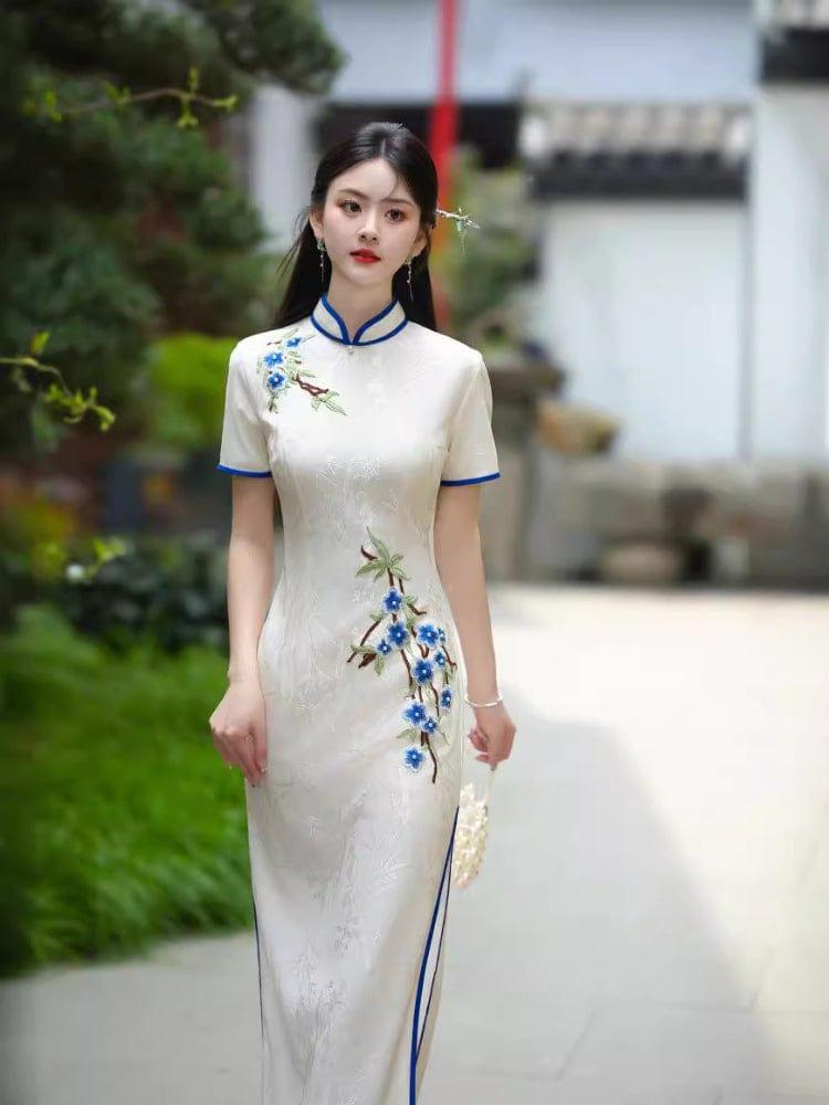 Beth and Brian Qipao-HYY Floral embroidery, white long Cheongsam for mother