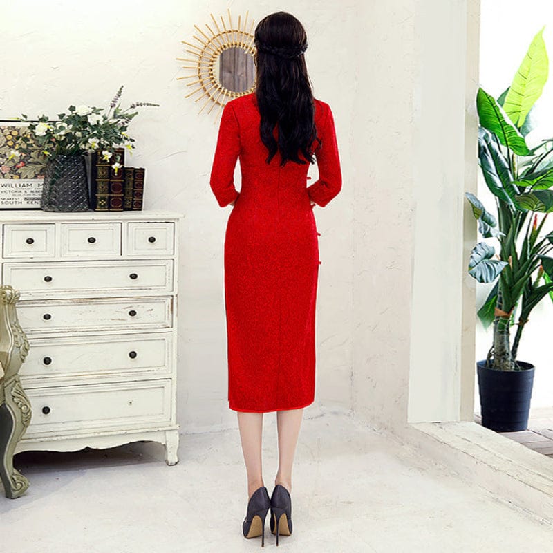 Beth and Brian Qipao-QXF Floral pattern, wedding lace mid-length Cheongsam